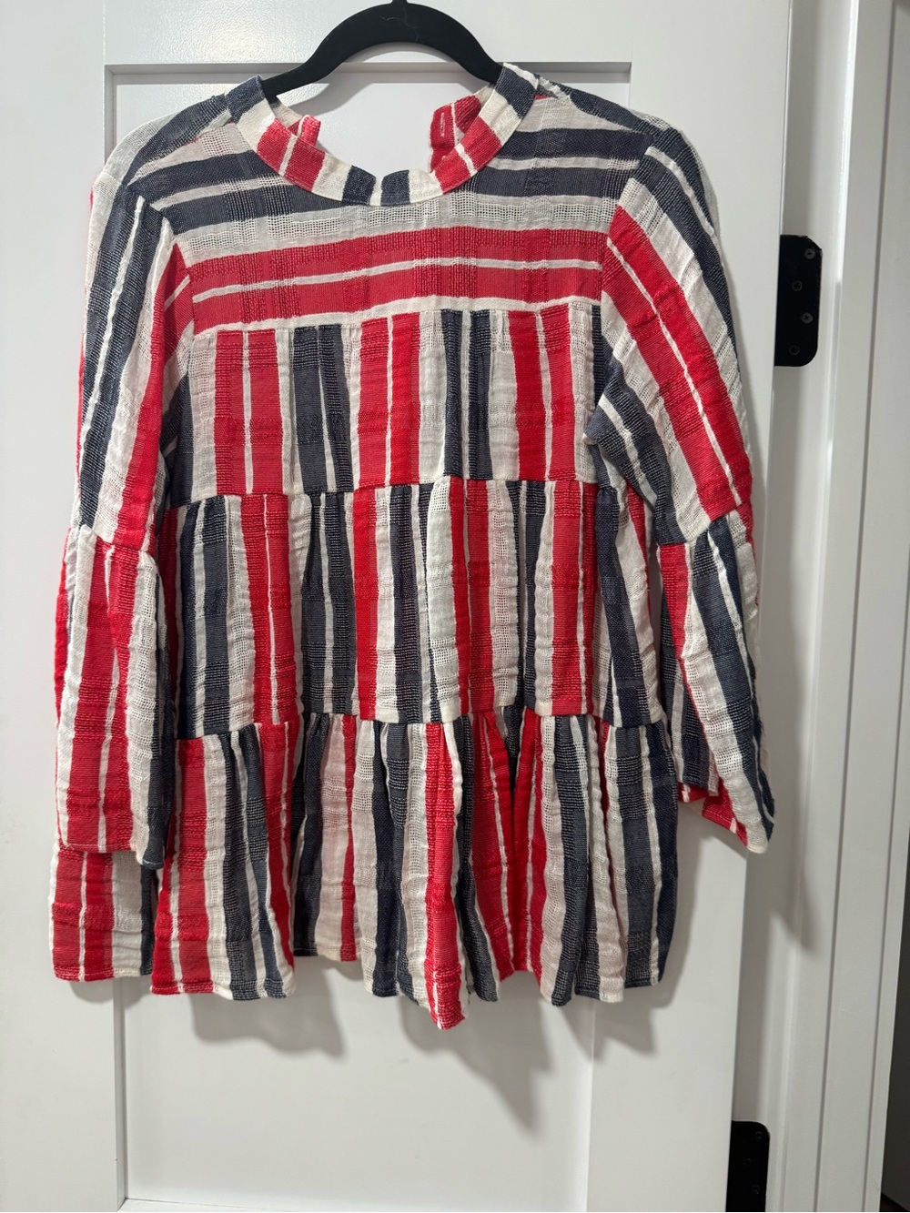 WARM Women's Red, Navy & White Striped Tiered Long-Sleeve Top